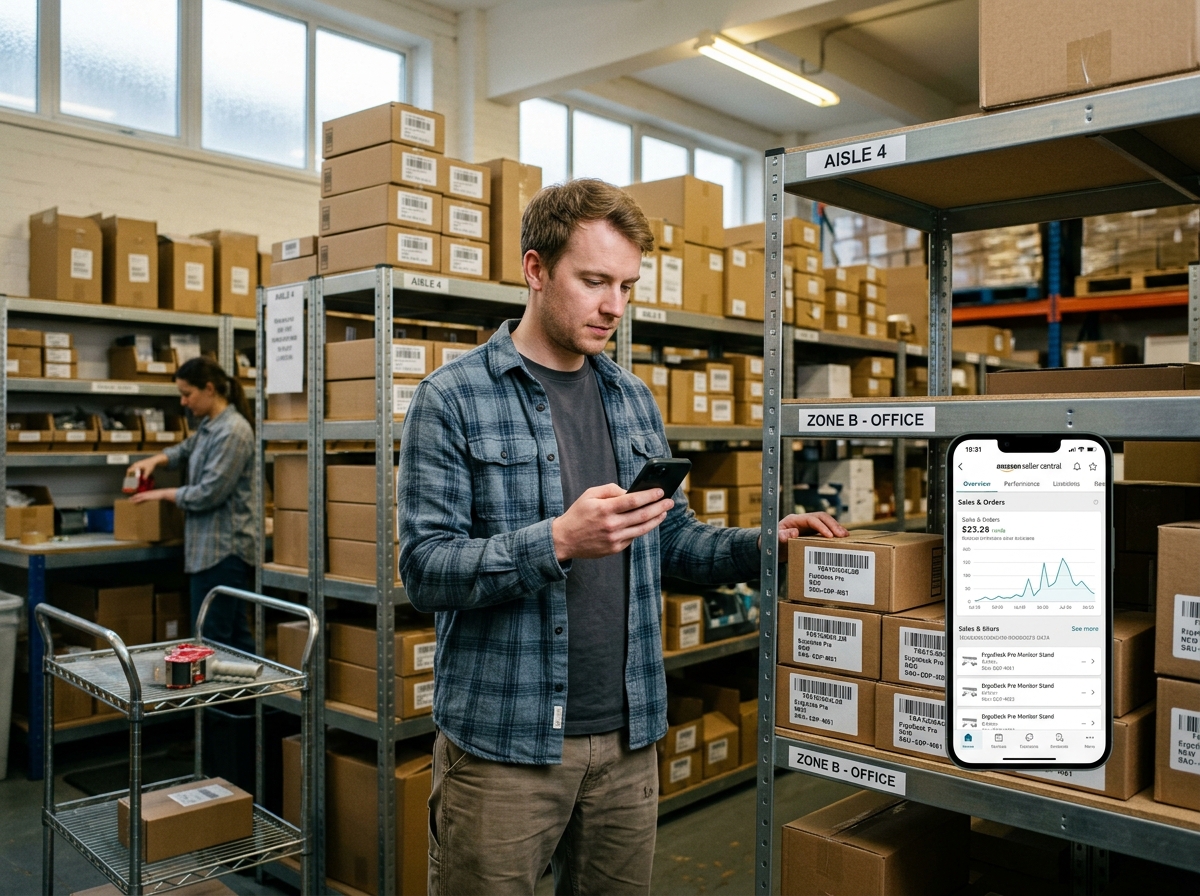 An Amazon seller using a smartphone to check inventory and sales performance in his warehouse.