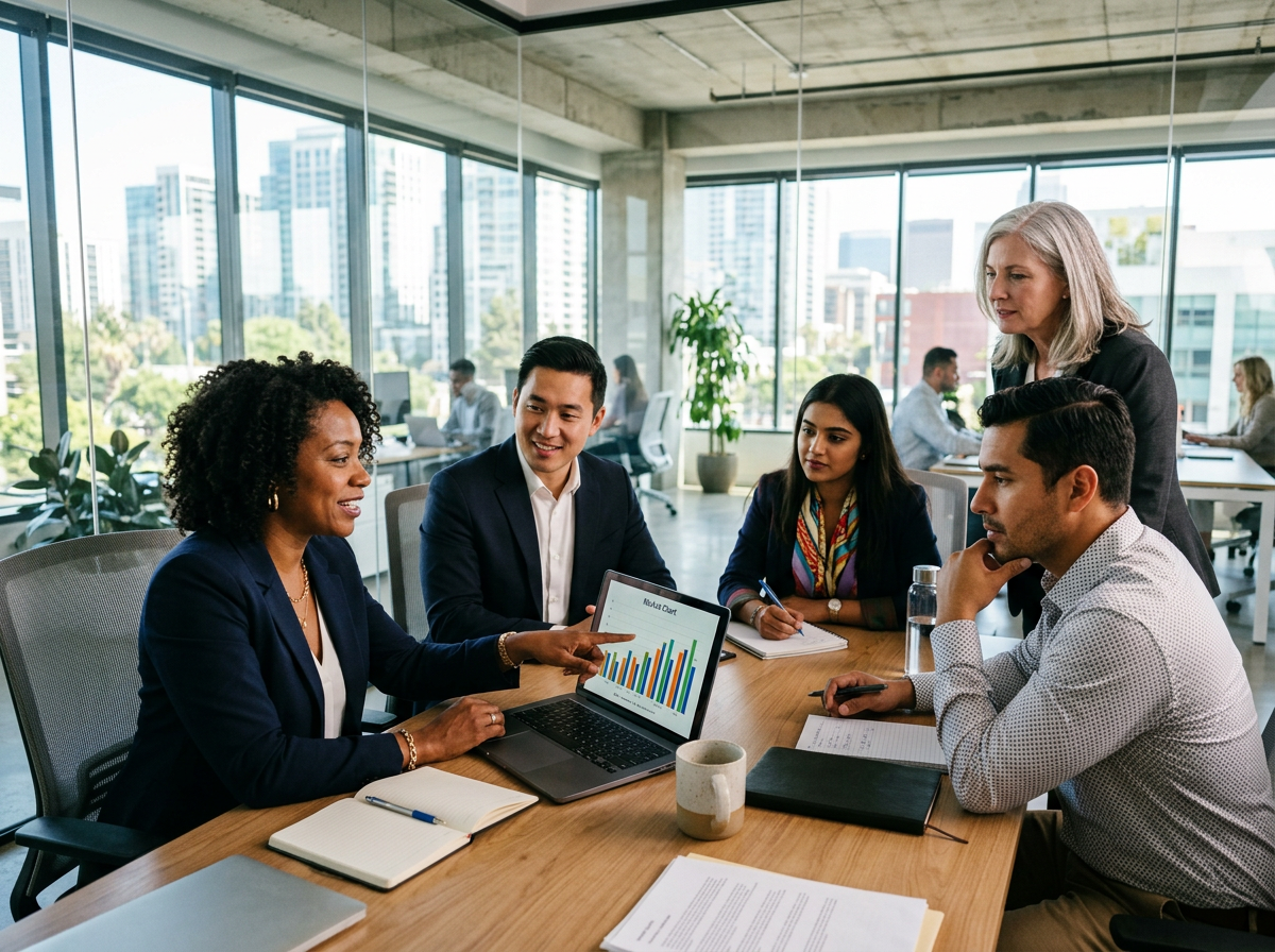 Real Estate Agent collaborating with colleagues at a modern Real Estate Agency