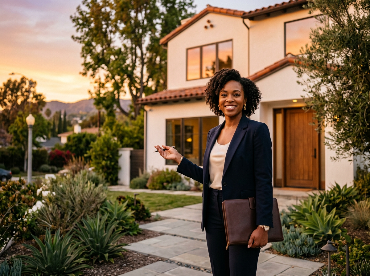 Successful Real Estate Agent standing confidently outside a Los Angeles property