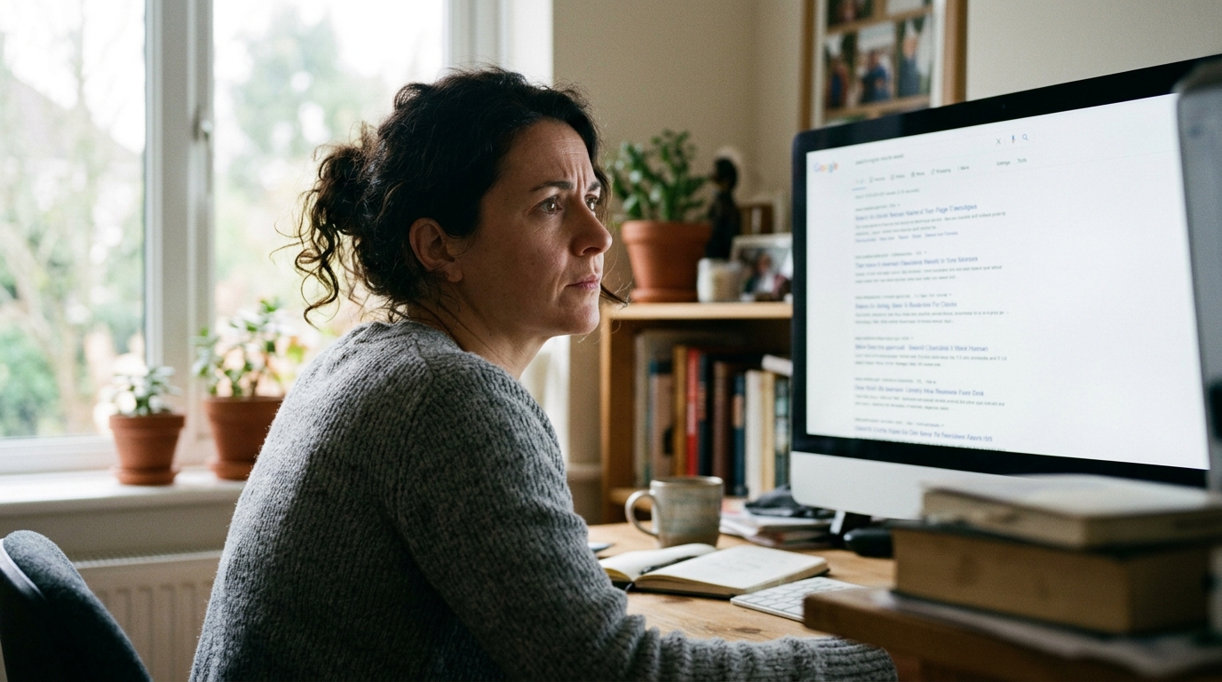 A marketing strategist analyzing search engine results on a large monitor in a modern office.