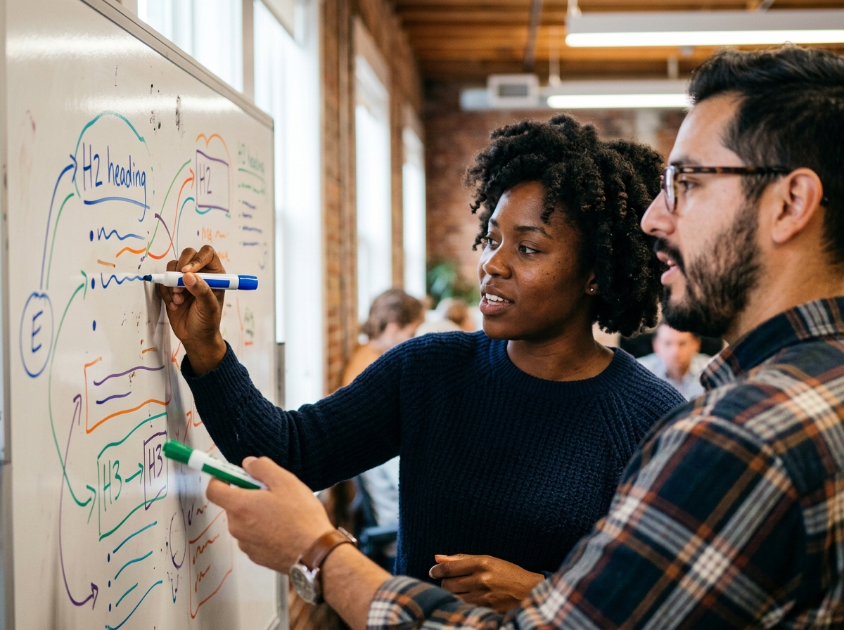 Two content creators collaborating on a step-by-step article outline on a whiteboard.