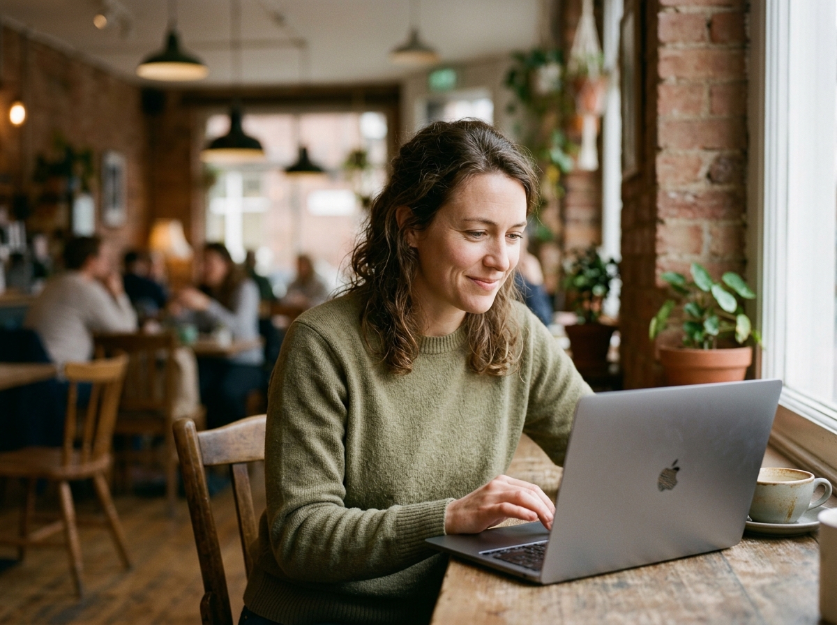A solo founder using an AI content generation tool on their laptop in a cozy cafe.