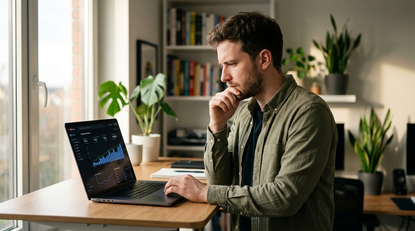 A solo entrepreneur thoughtfully reviewing a content performance dashboard on a laptop in a home office.