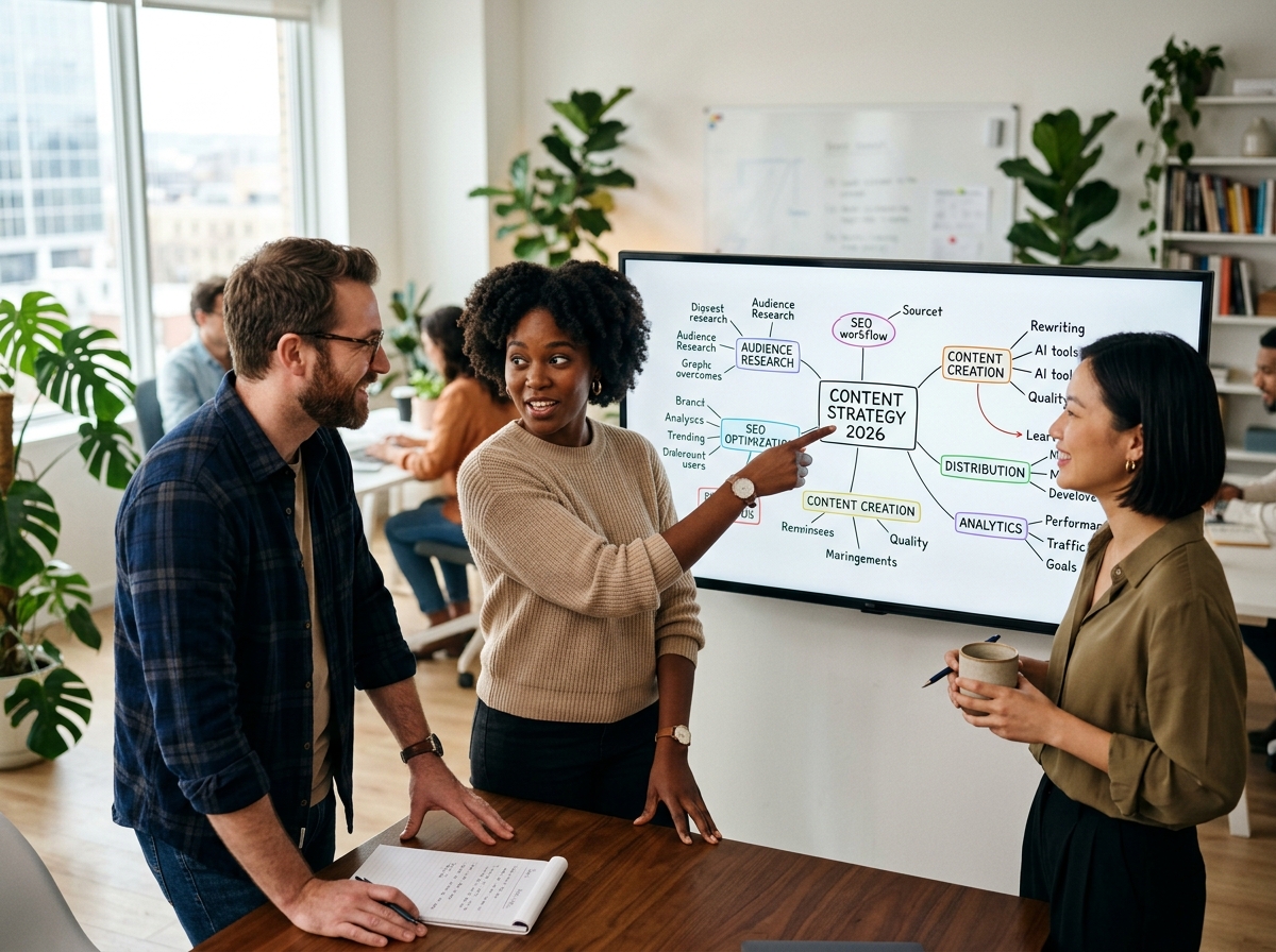 A diverse team of digital marketers collaborating on a content strategy in a modern office.