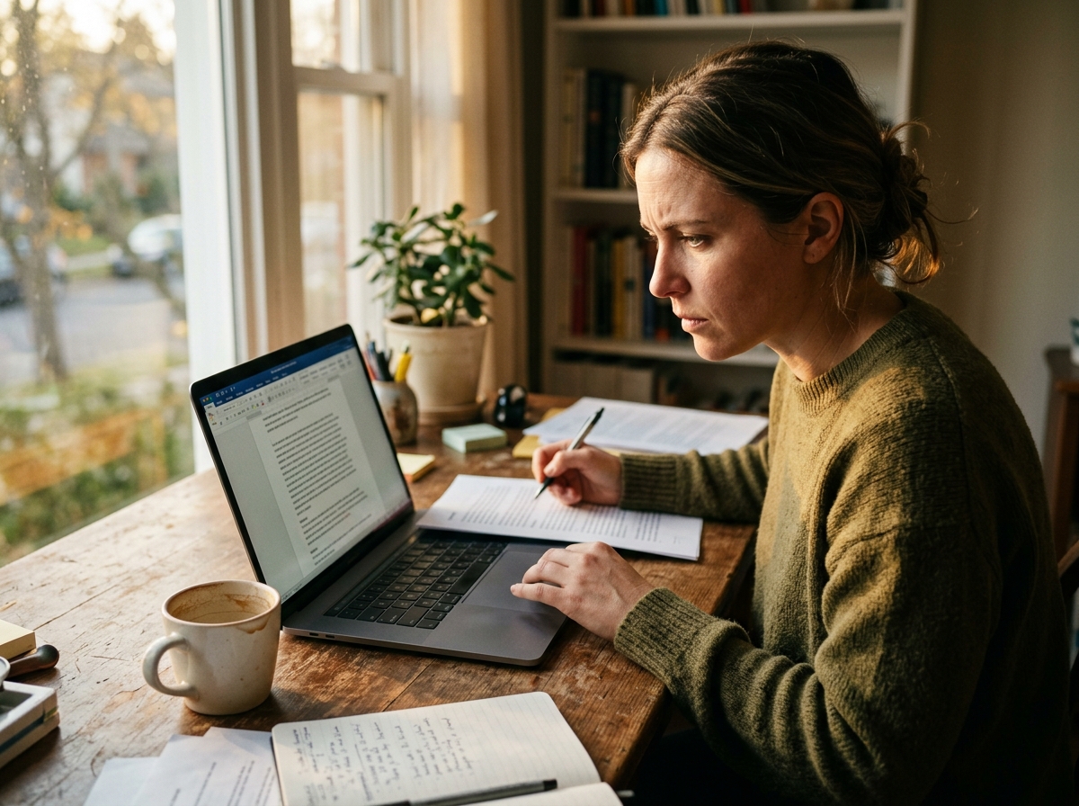 A content editor carefully reviewing an article on her computer, representing the importance of human oversight.