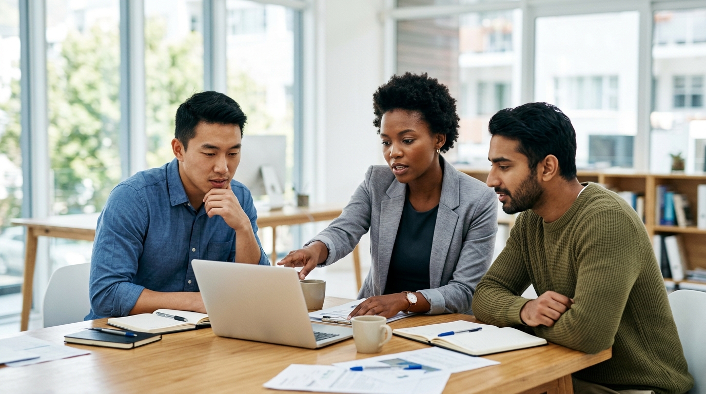 A diverse team of marketing professionals collaborating around a large table, analyzing SEO data on a laptop and discussing content strategy