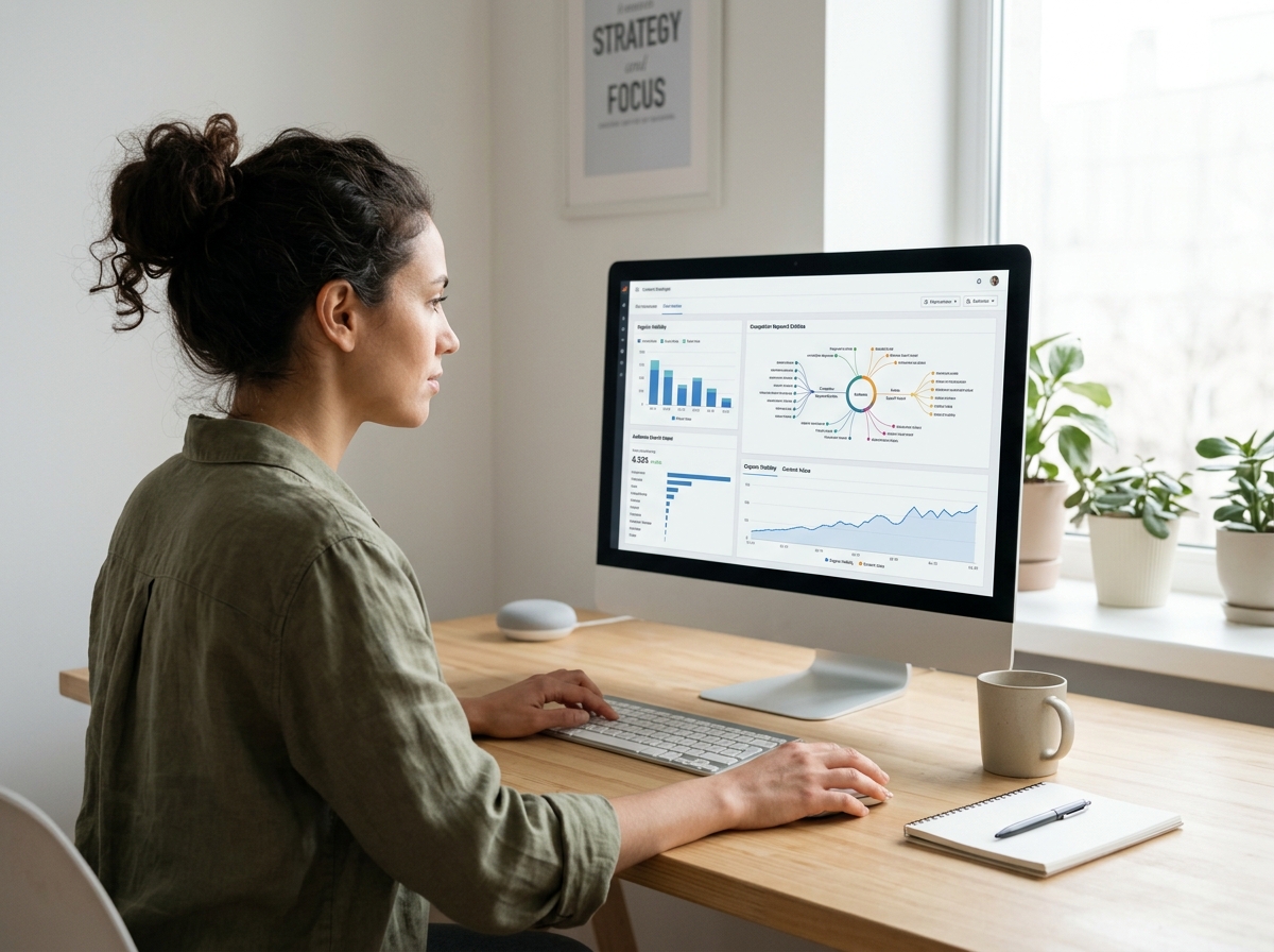 A content strategist using an AI-powered SEO tool on her computer, with data visualizations of competitor analysis on the screen.