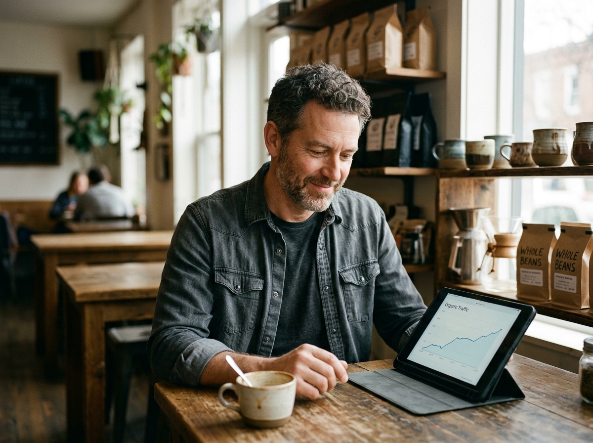 A small business owner looking at a graph showing upward trends in website traffic on a tablet, with a look of satisfaction.