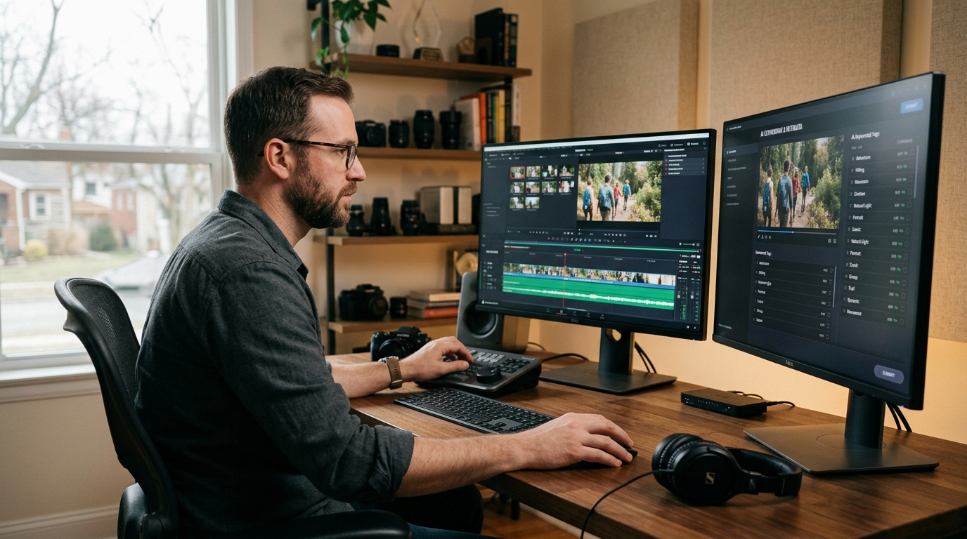 A professional videographer using an AI keywording tool to optimize their video metadata.