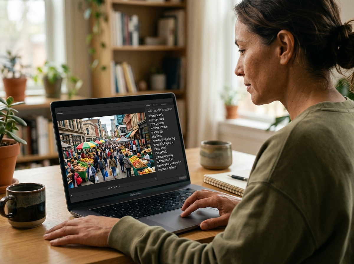 A close-up of a laptop screen showing AI-generated keywords for a video of a city market.