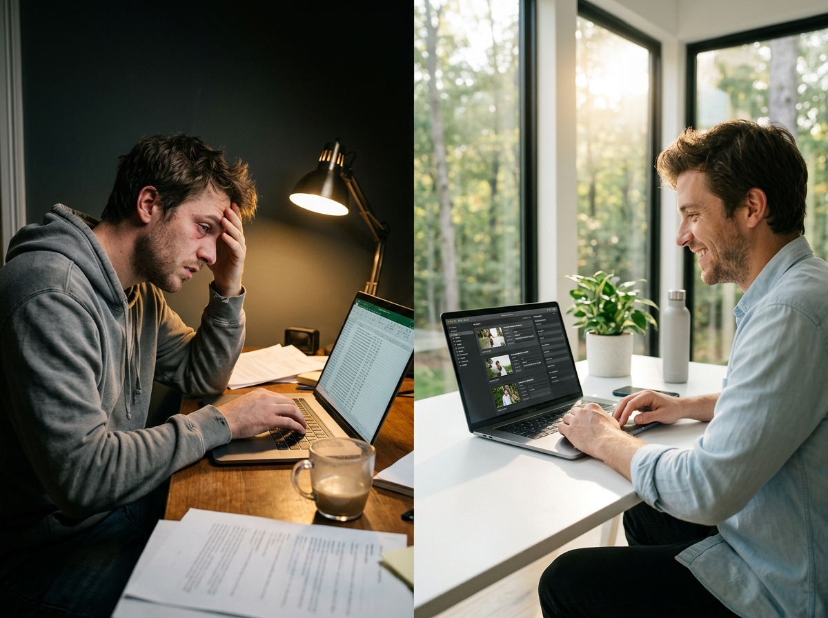 A split-screen showing the contrast between frustrating manual keywording and efficient AI-powered keywording.