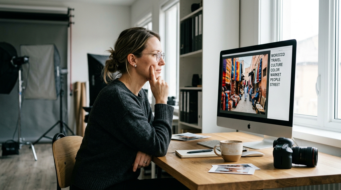A professional photographer at a clean desk reviewing AI-generated metadata for a stock photo on a large monitor.