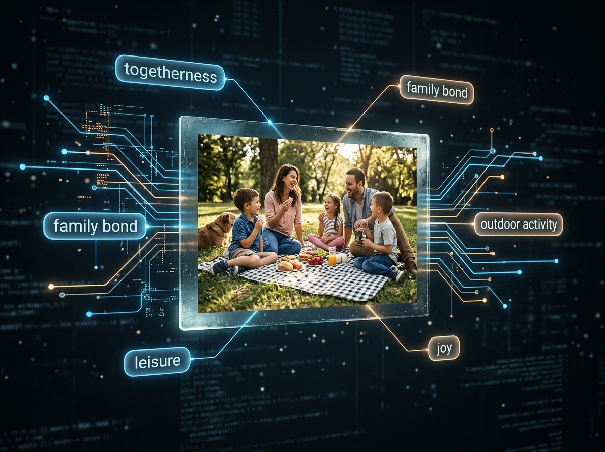 Conceptual visualization of AI analyzing an image and extracting data points and concepts.