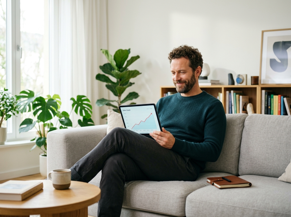 A successful microstock contributor smiling while looking at their sales growth on a tablet.