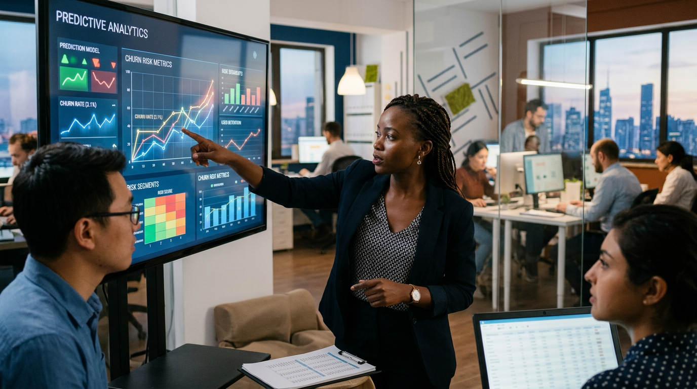 Data analyst reviewing predictive analytics dashboards for SaaS customer retention