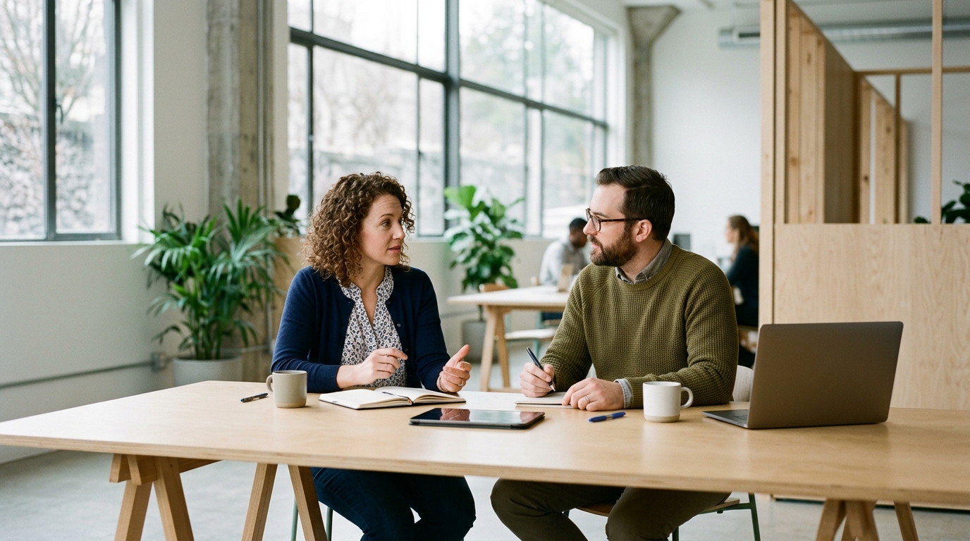 A content strategist analyzing keyword data on a large monitor in a modern, sunlit office.