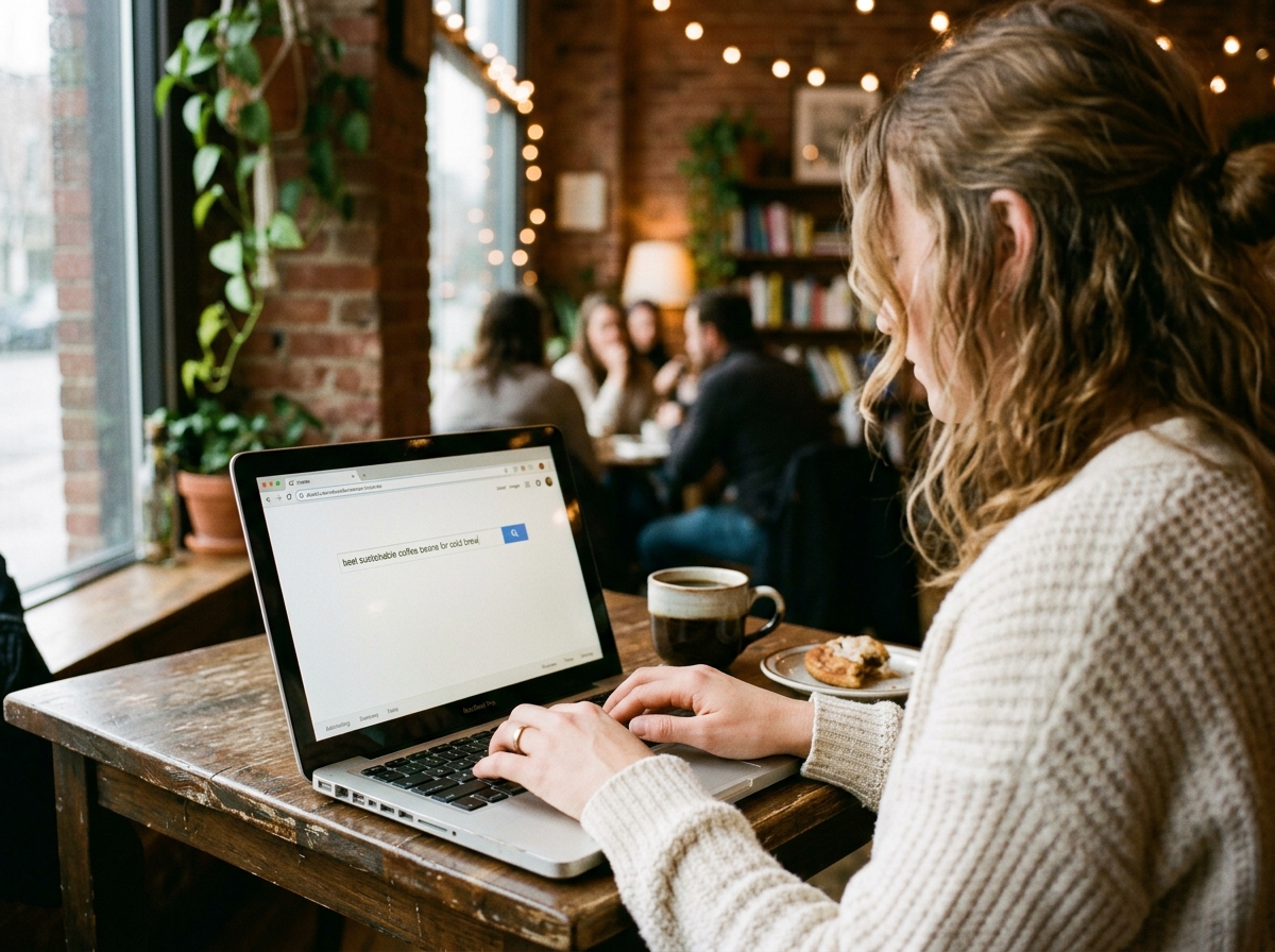 A close-up of a person typing a long-tail keyword into a search bar on a laptop.