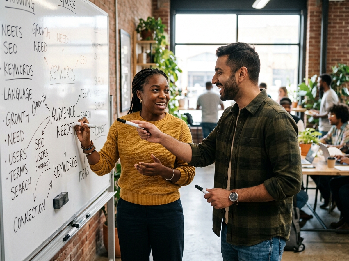 Two startup founders brainstorming seed keywords on a whiteboard in a collaborative workspace.