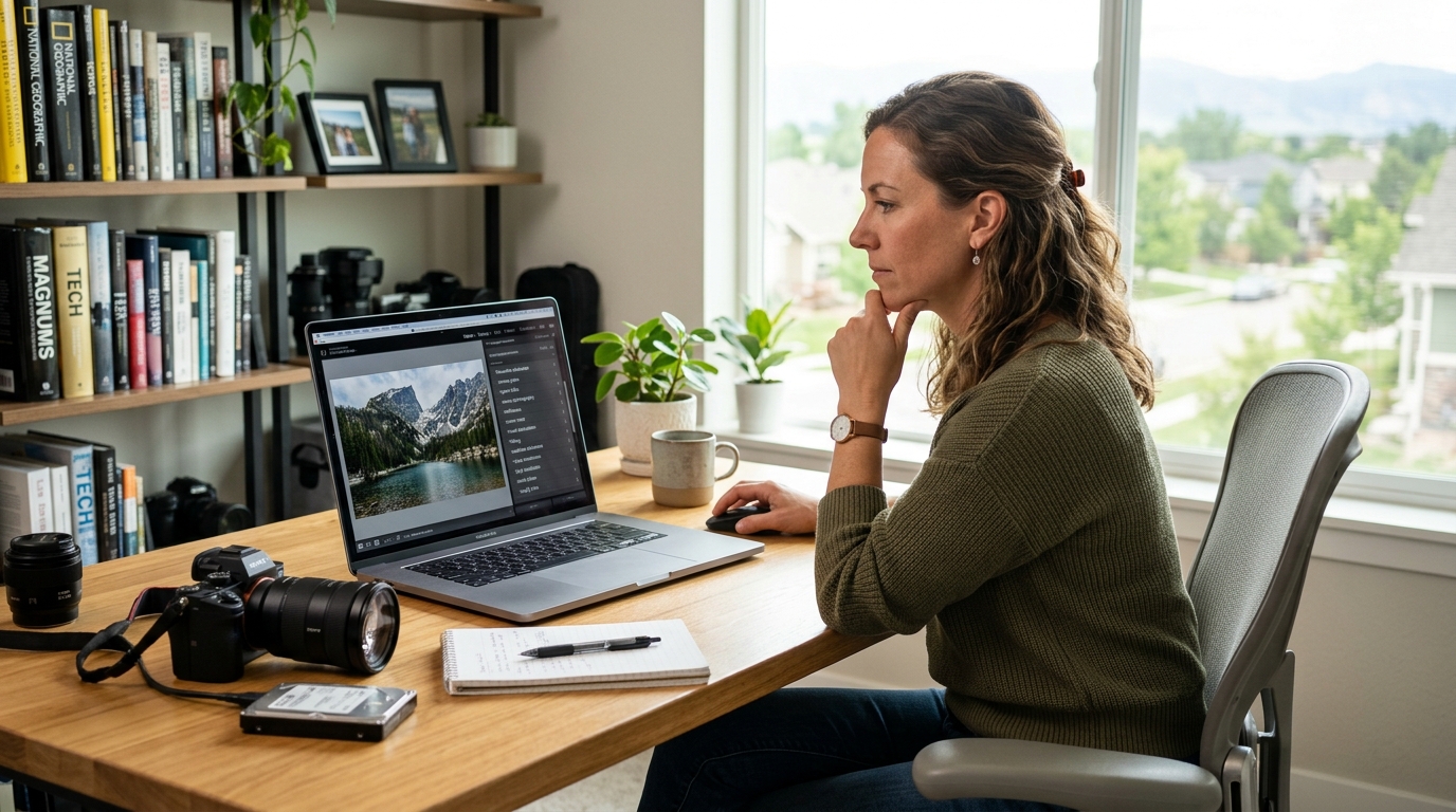 A microstock photographer at a sunlit desk reviewing AI-generated keywords on a laptop.