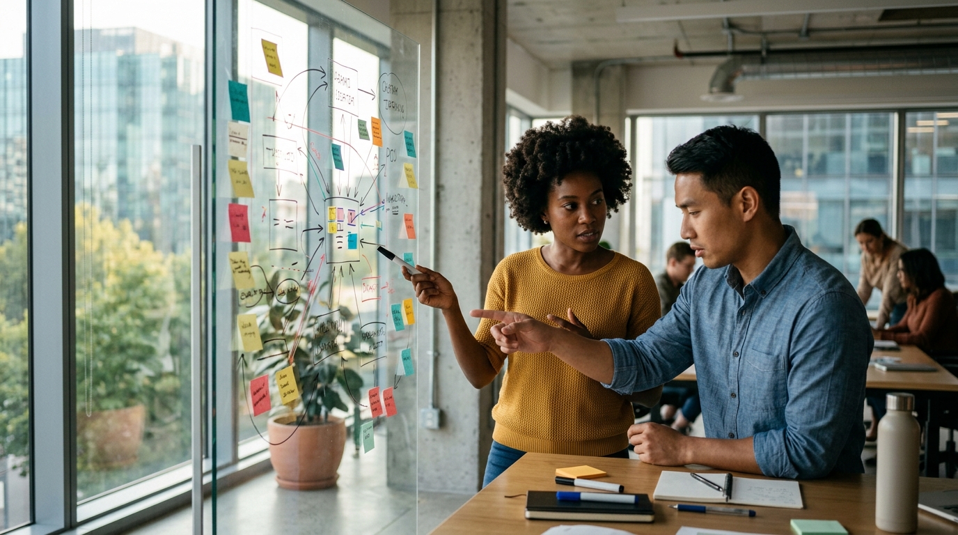 A content strategist and an SEO analyst collaborating on FAQ strategy in a modern office.