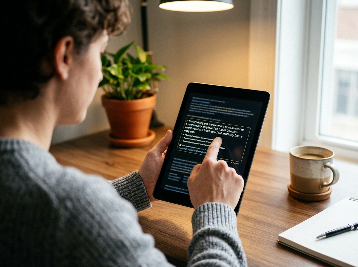A close-up of a user's finger pointing to a featured snippet on a tablet screen.