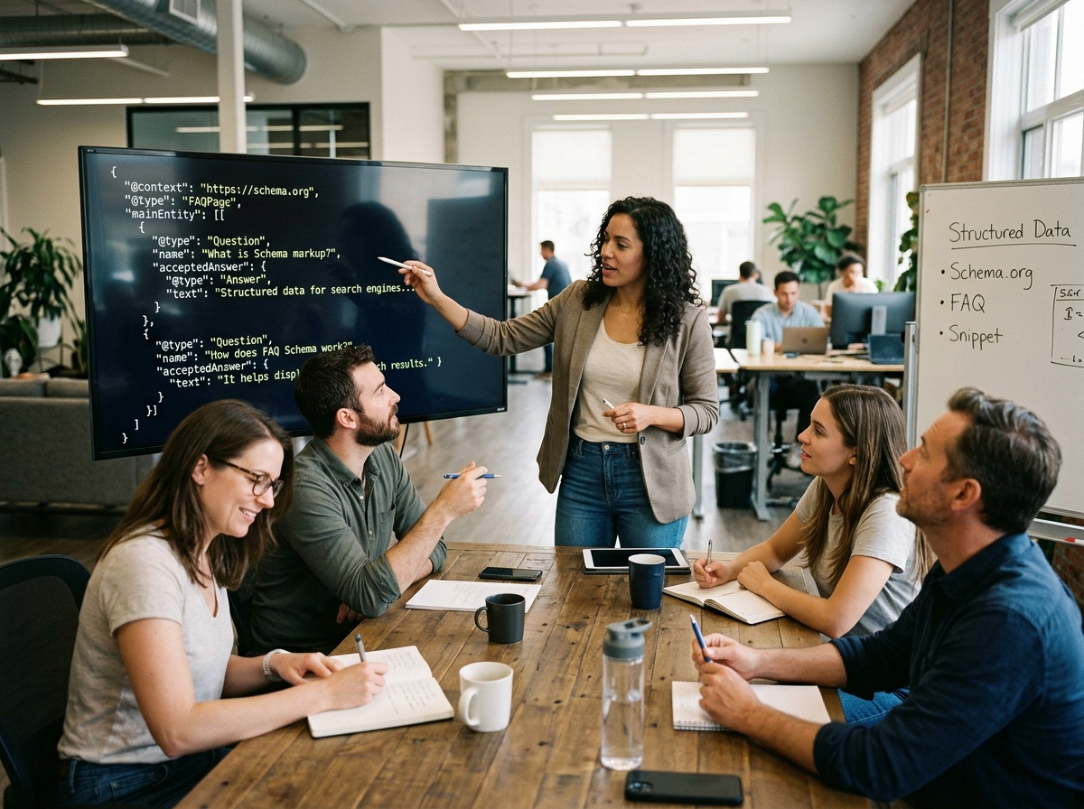 A web developer explaining FAQPage Schema code to content marketers in a workshop.