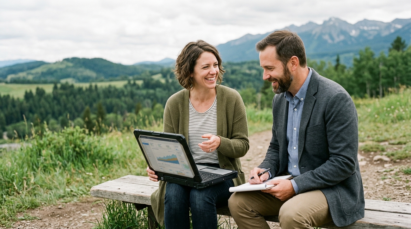 A digital marketing strategist and a small business owner review an analytics graph showing an upward trend in organic traffic.
