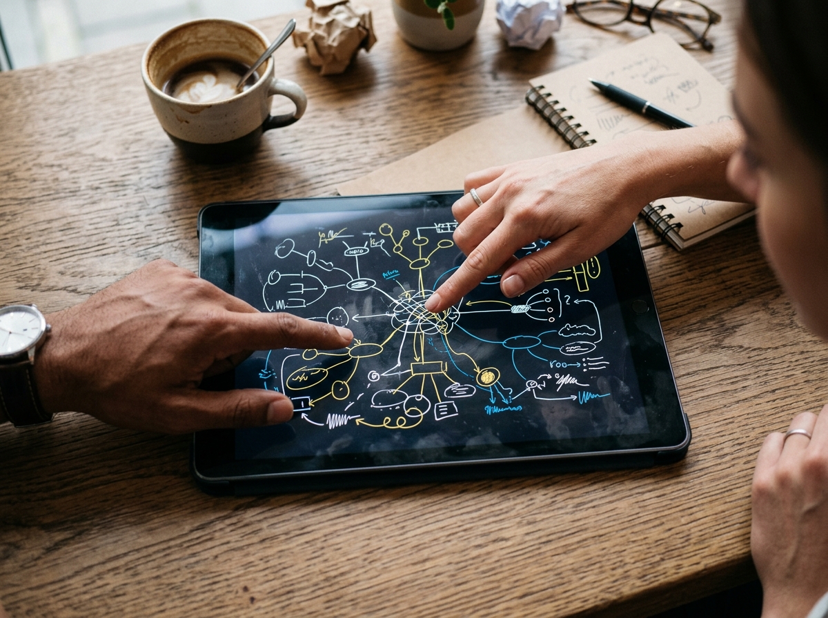 Two content strategists planning a topic cluster on a large tablet.