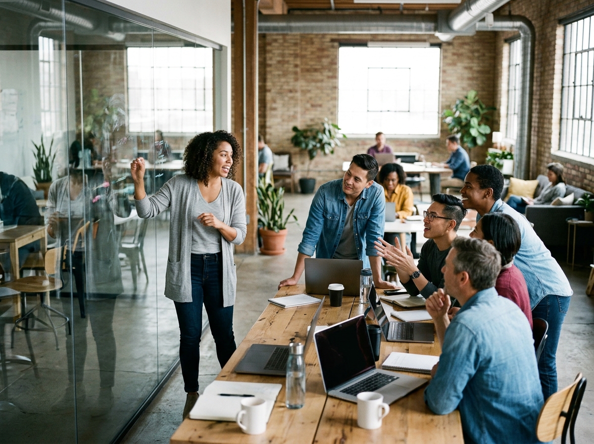 An energetic startup team whiteboarding a competitive analysis to identify content gaps and opportunities.