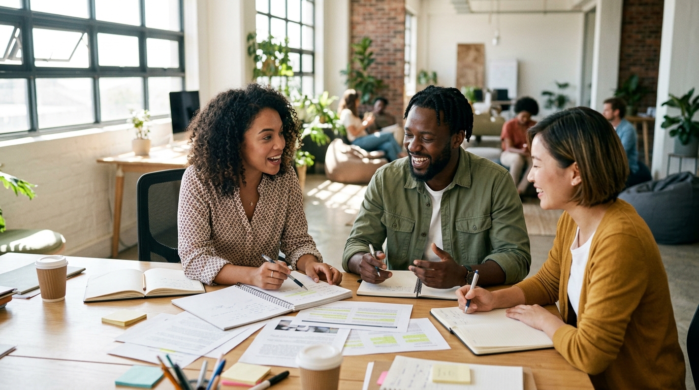 A diverse team of content strategists collaborating in a modern office, planning an SEO optimized article.
