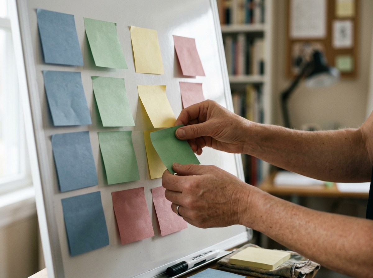 A close-up of a writer's hands organizing sticky notes on a whiteboard to structure an article.