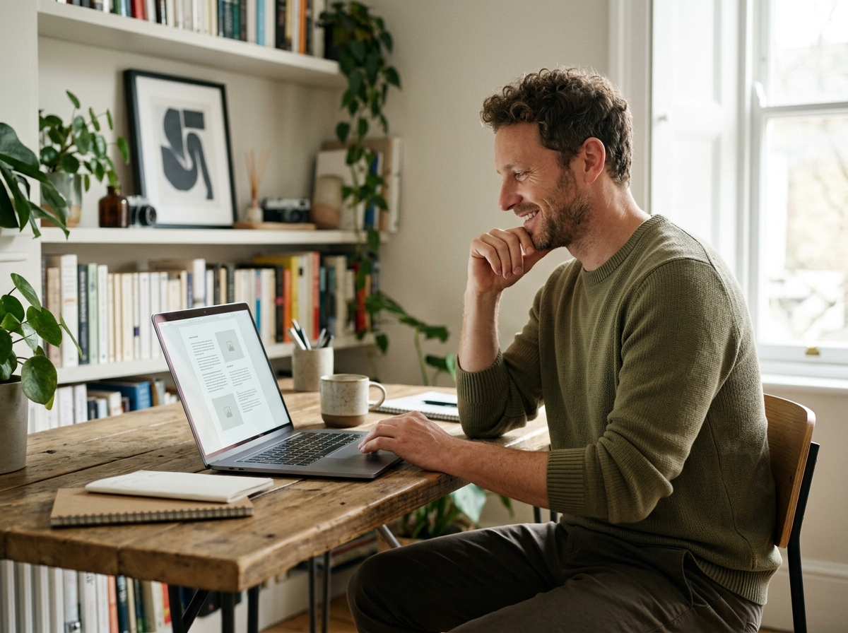 A solo founder looking relieved while reviewing a fully generated, publish-ready SEO article on their laptop.
