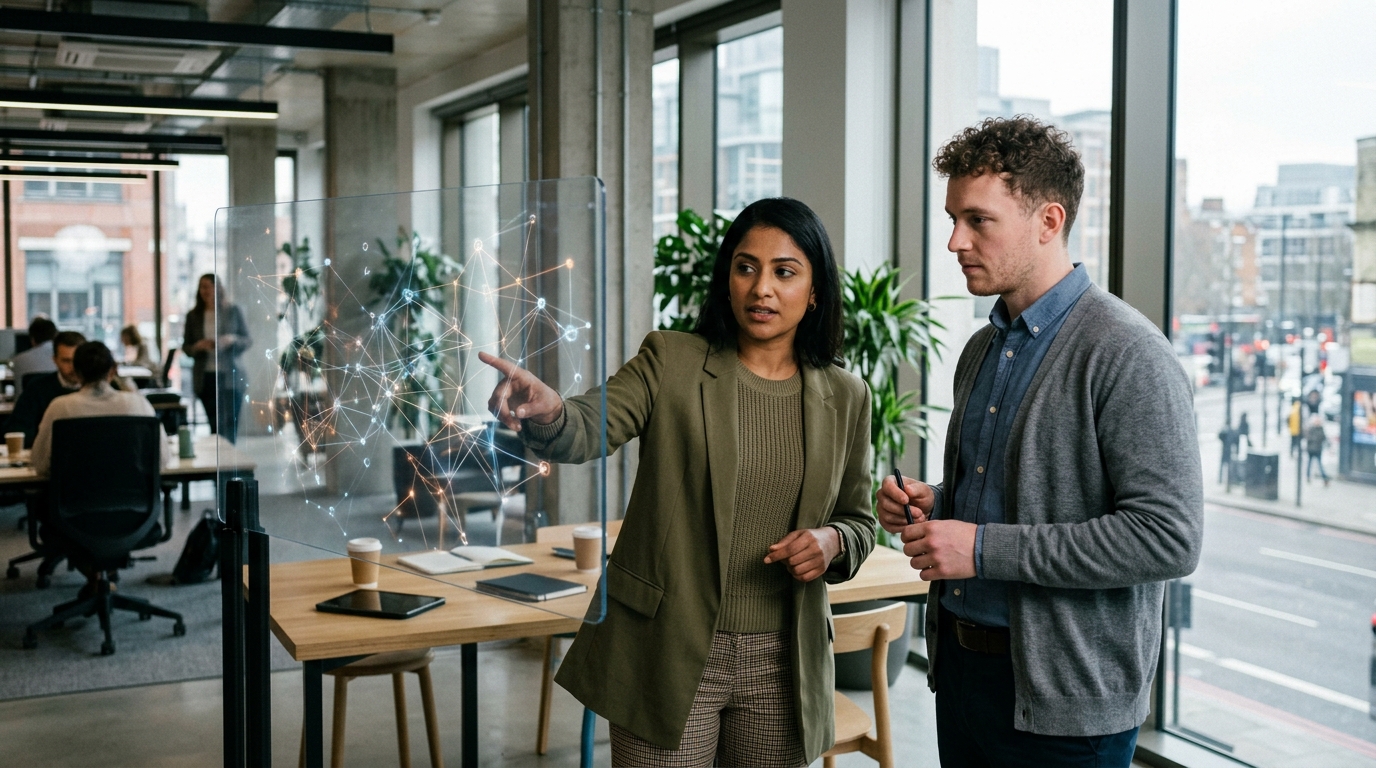 A content strategist analyzing a large interactive screen showing data flows and content sources for an AI model.