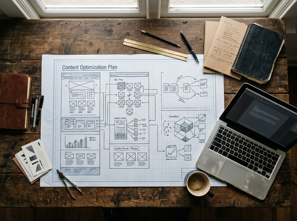 A detailed blueprint of a content optimization plan laid out on a large wooden table.