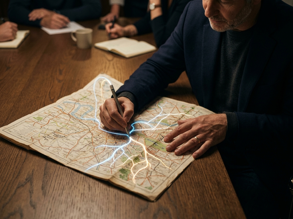 A person adapting a traditional road map to include new digital highways representing AI search.