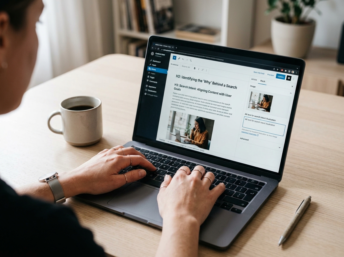 A close-up of a content writer's hands optimizing an article's on-page SEO elements on a laptop screen.