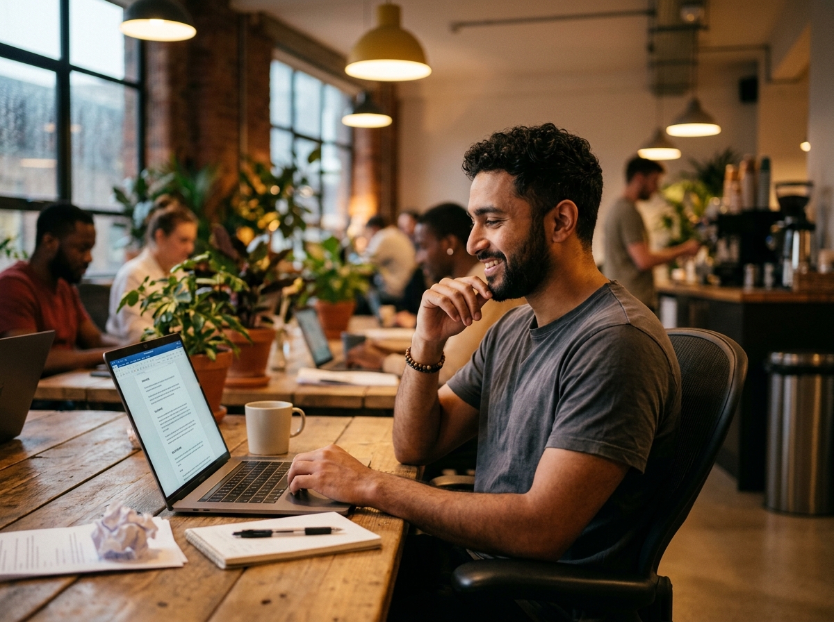 A solo founder looking relieved and efficient while working on a laptop in a co-working space, with an AI-generated article on the screen.