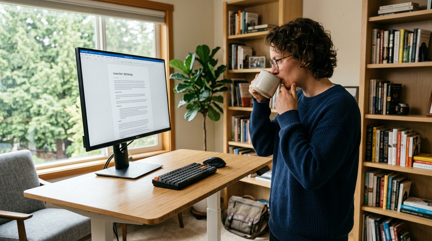 A solo founder in a bright home office thoughtfully reviewing a content brief on a monitor.