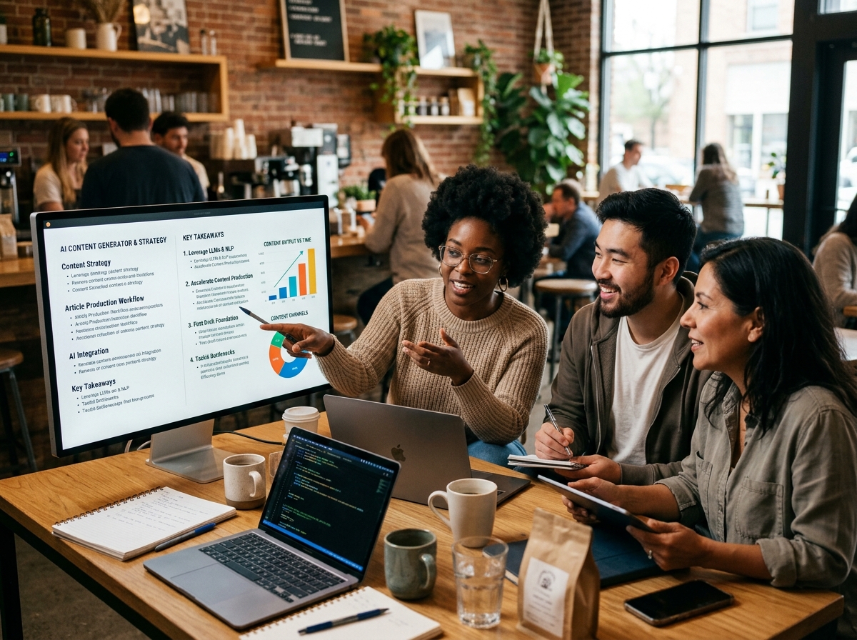 A small marketing team collaborating around a large screen displaying a content outline.