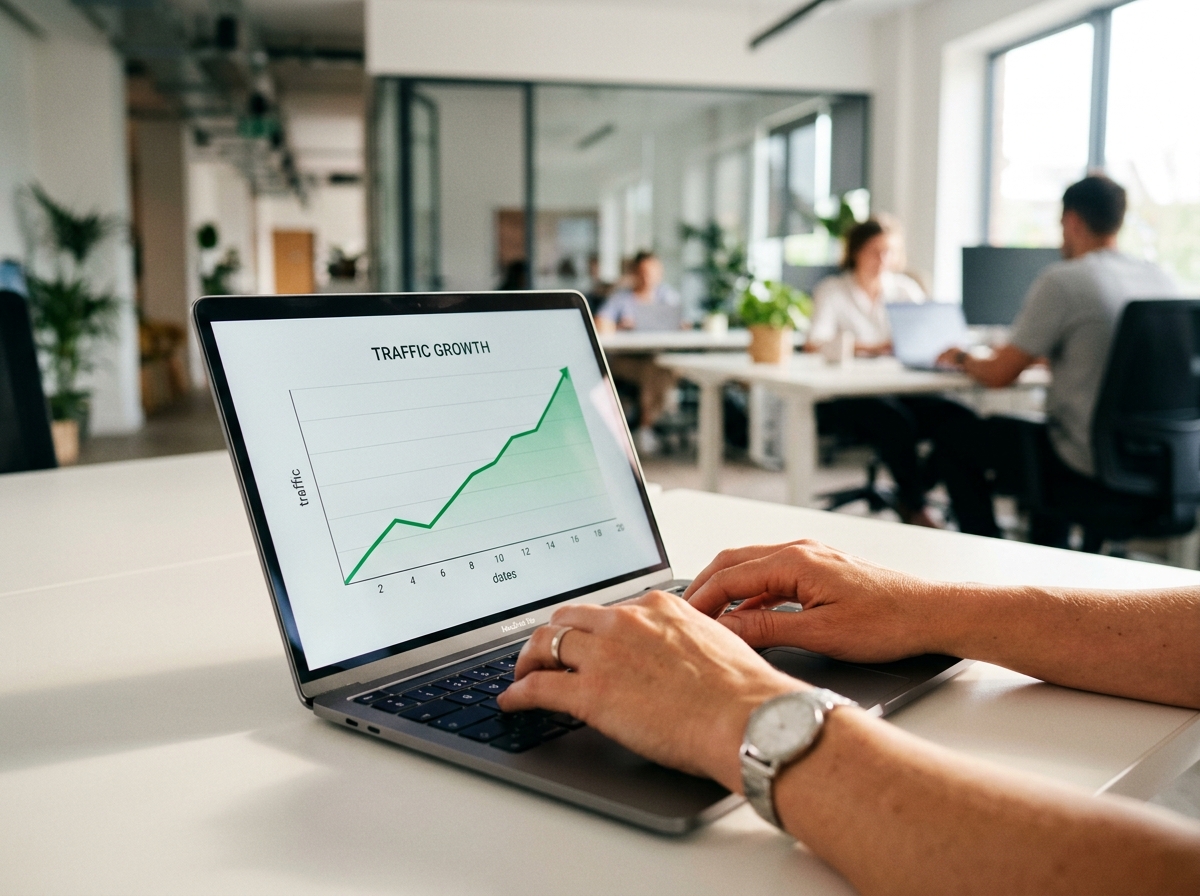 A close-up of a startup manager's hands typing on a laptop with a traffic growth graph on the screen.