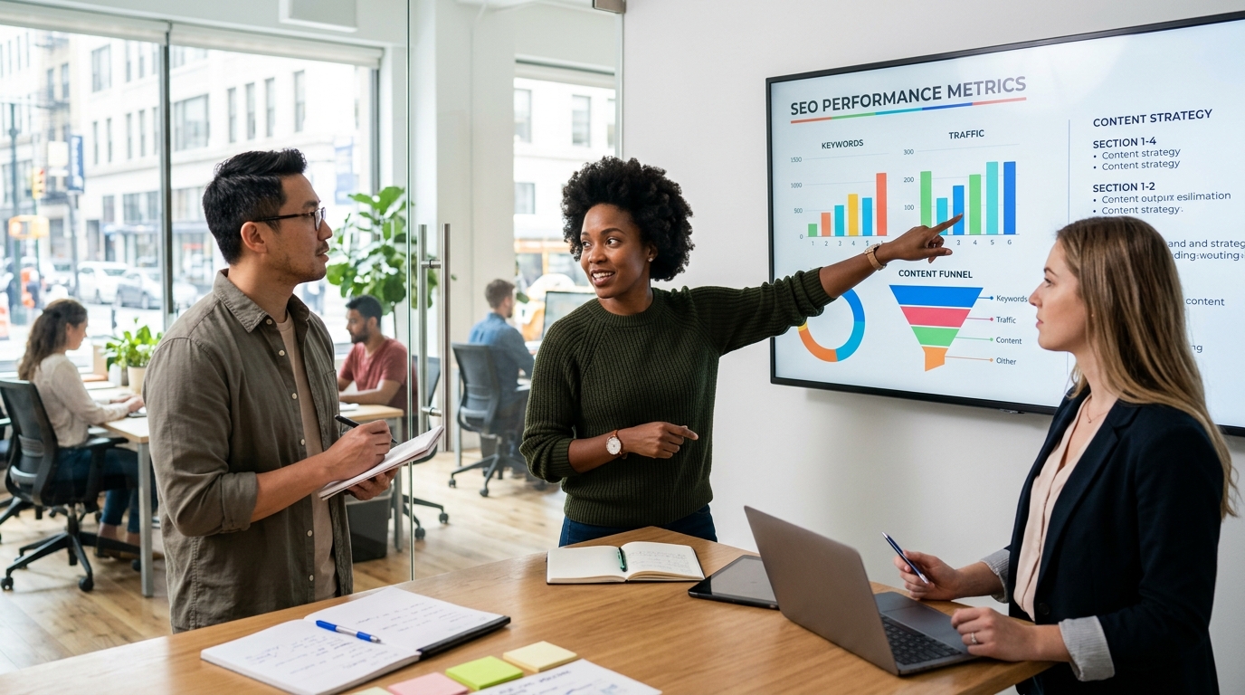 A diverse team of content strategists collaborating in a modern office, analyzing SEO data on a large screen.