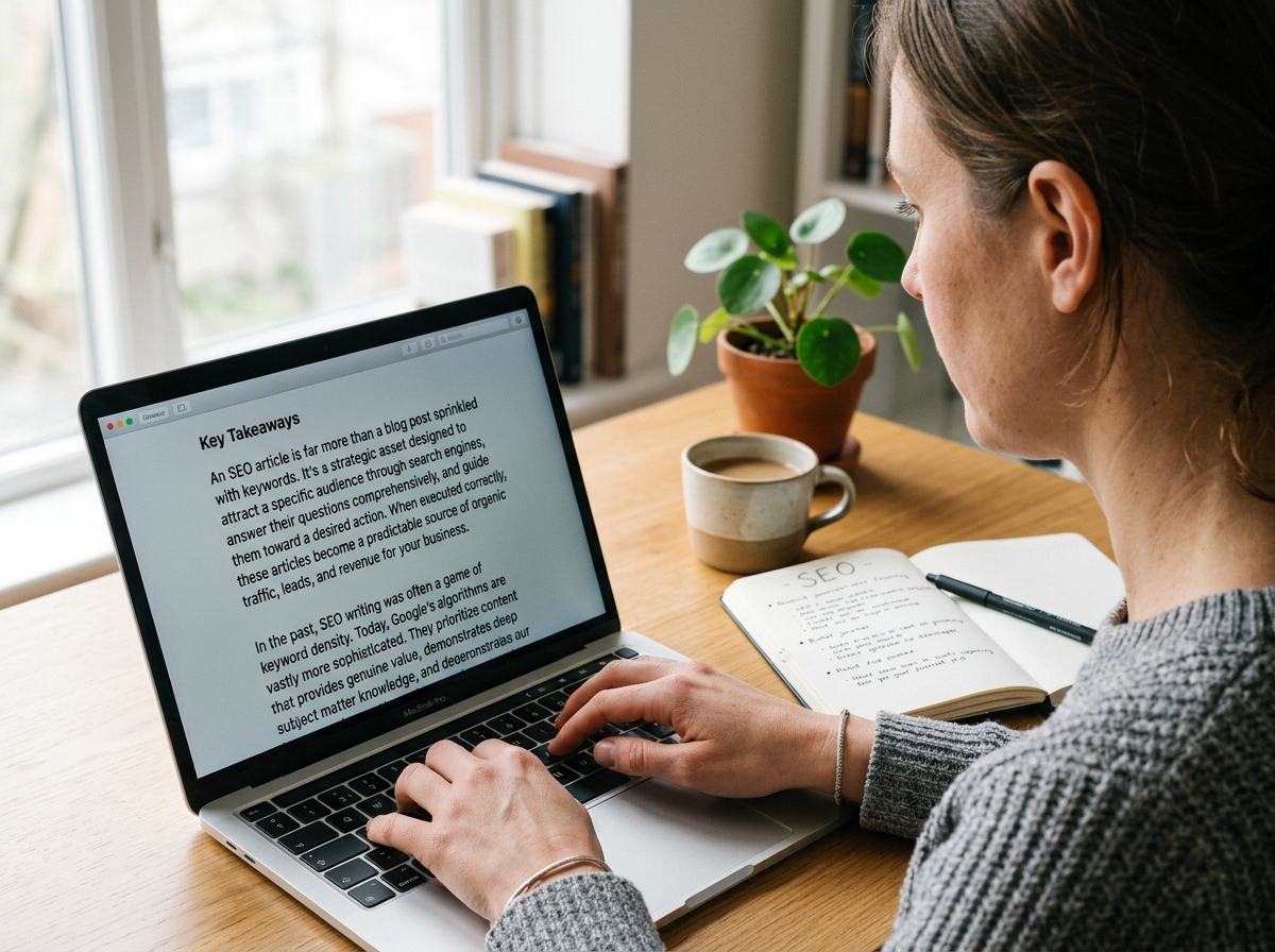 A professional writer focused on typing an article on a laptop in a quiet, well-lit workspace.