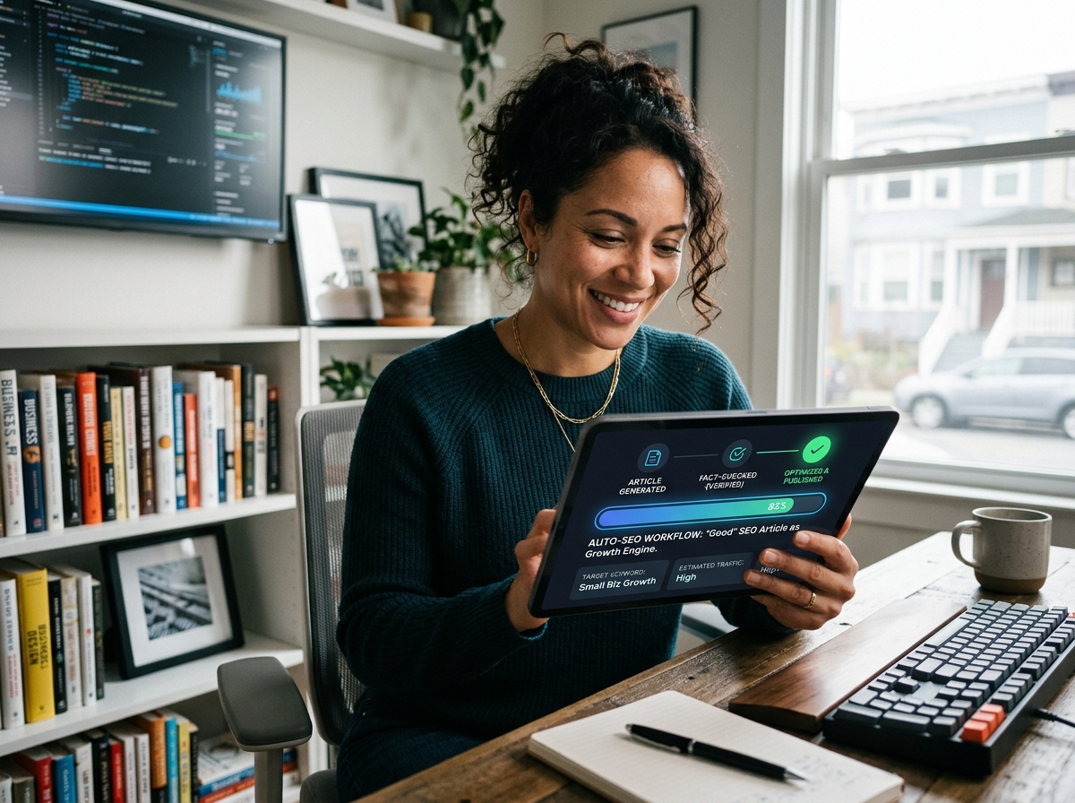 A small business owner looking at a tablet displaying an automated SEO content workflow, feeling efficient and successful.