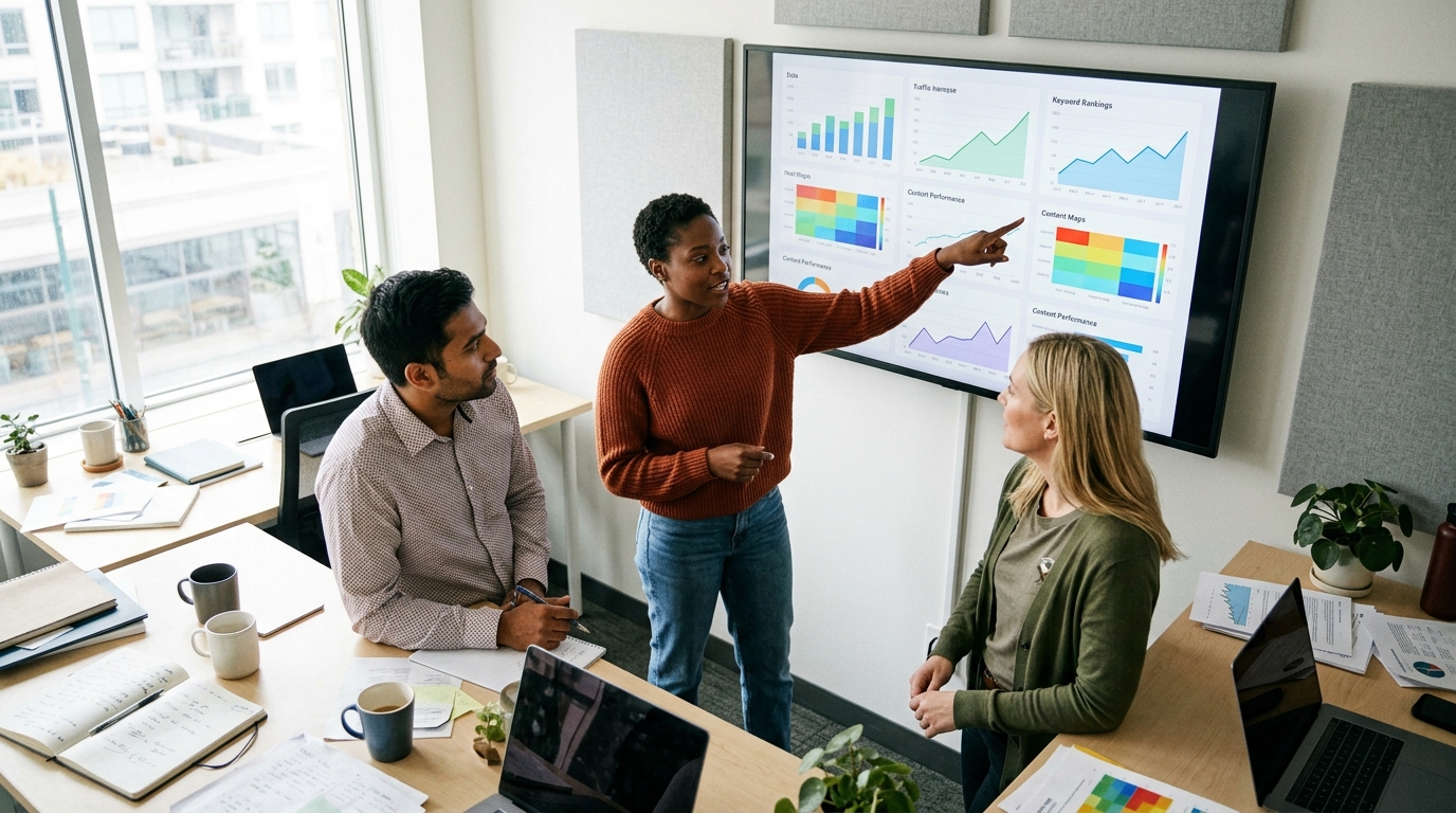 A diverse team of content strategists collaborating around a large monitor displaying SEO analytics.