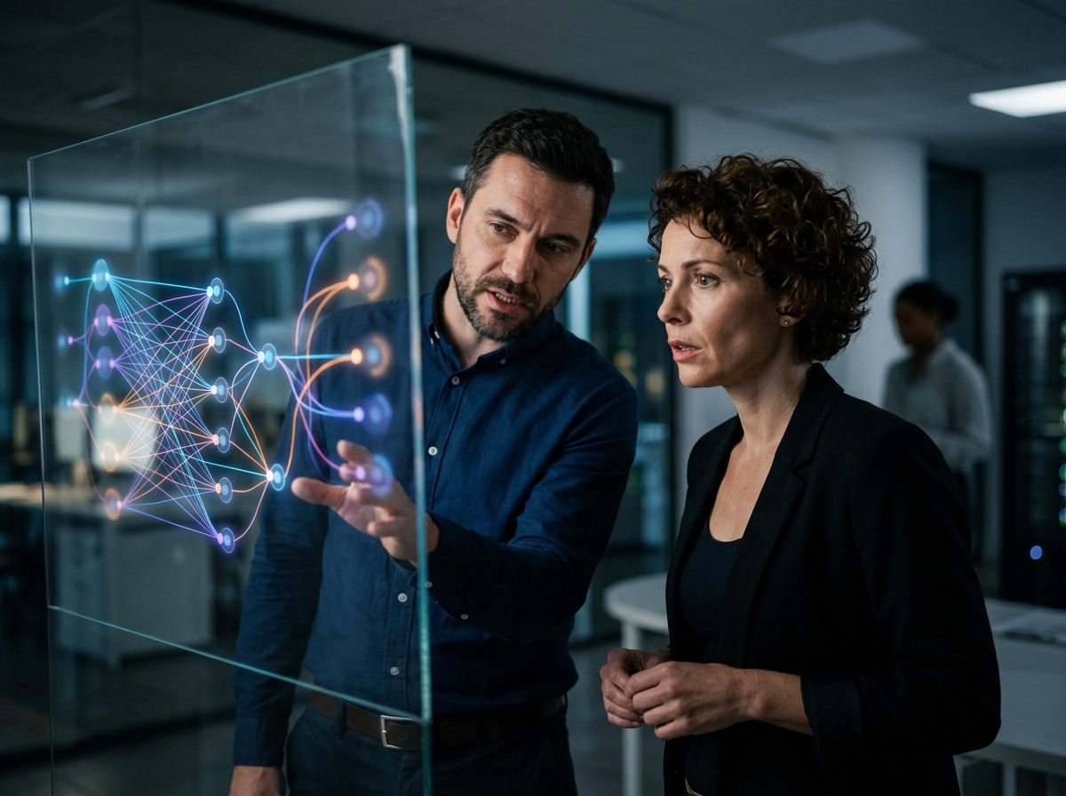 A data scientist explaining an AI-driven content analysis model on a futuristic transparent screen.