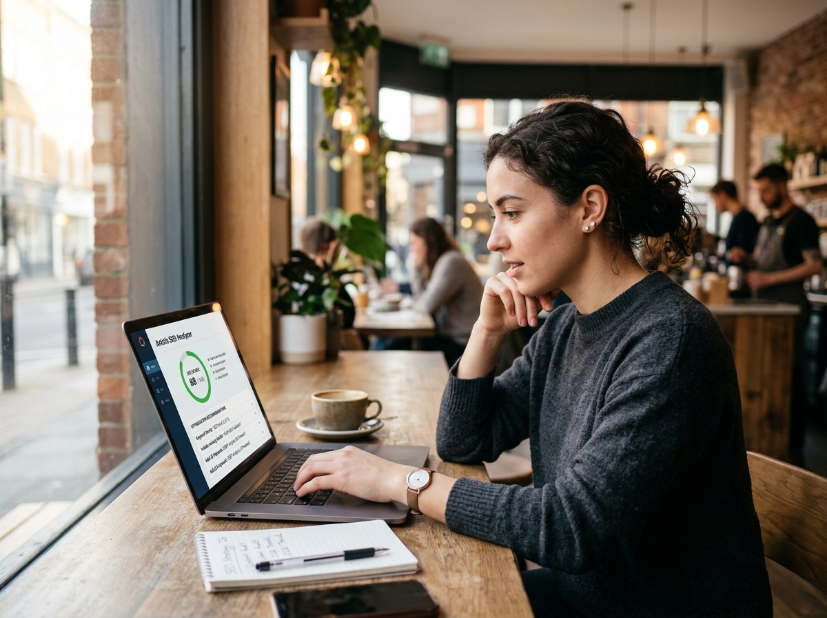 A solo founder using an article SEO analyzer on her laptop in a bright, airy cafe.