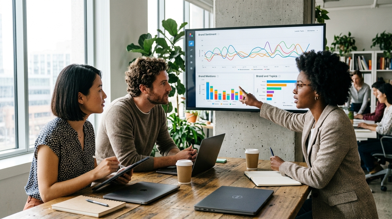 A diverse team of marketing strategists collaborating around a large monitor displaying AI search tracking data.