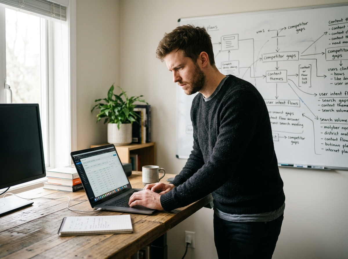 A solo founder meticulously setting up an AI search tracking dashboard in their home office.