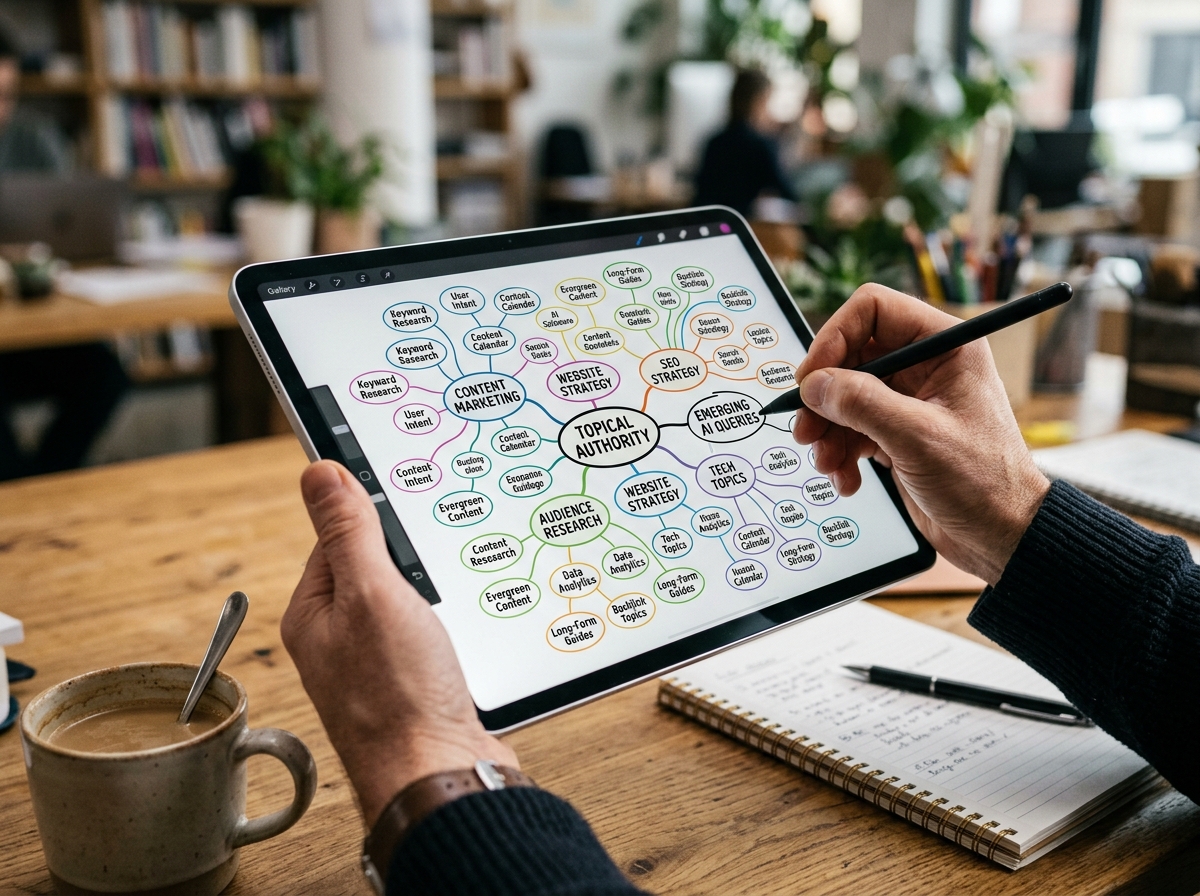A content strategist using a tablet to visualize a topical authority map for an AI optimization strategy.