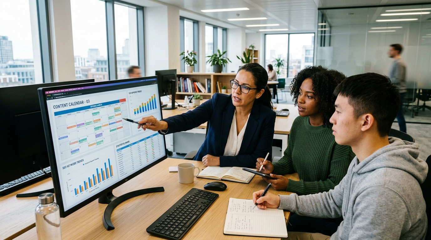 A diverse team of content strategists collaborating in a modern office, reviewing SEO data on a large screen.